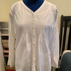 Lands End White Textured Long Sleeve Tuck Blouse
